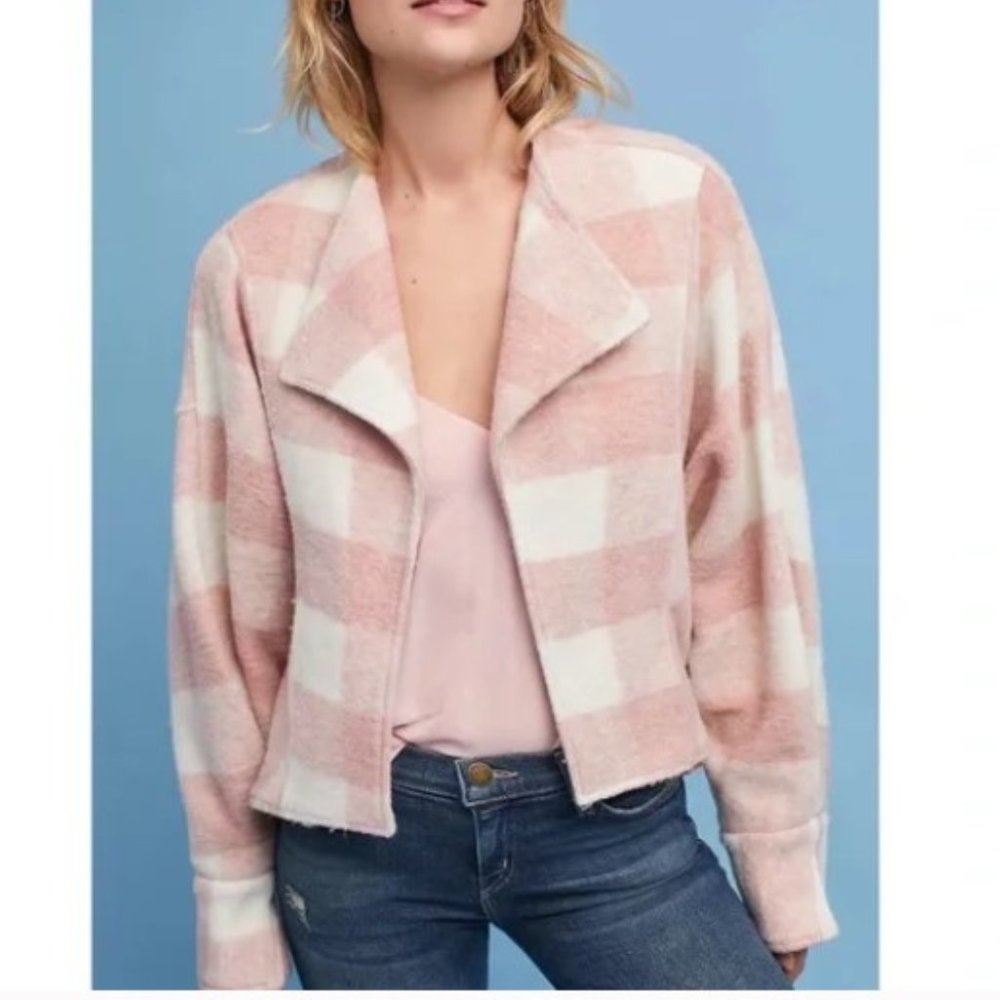 ett:twa Anthropologie Blushed Buffalo Plaid Dolman Sleeves Jacket Pink/White L